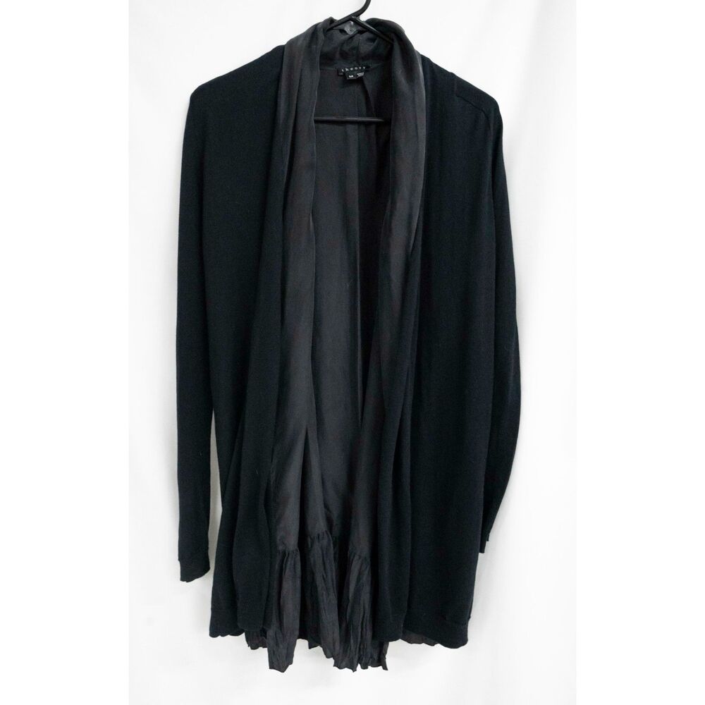 Theory 100% Silk Lined Marien Pima Cotton Black Flowy Open Cardigan Sweater S